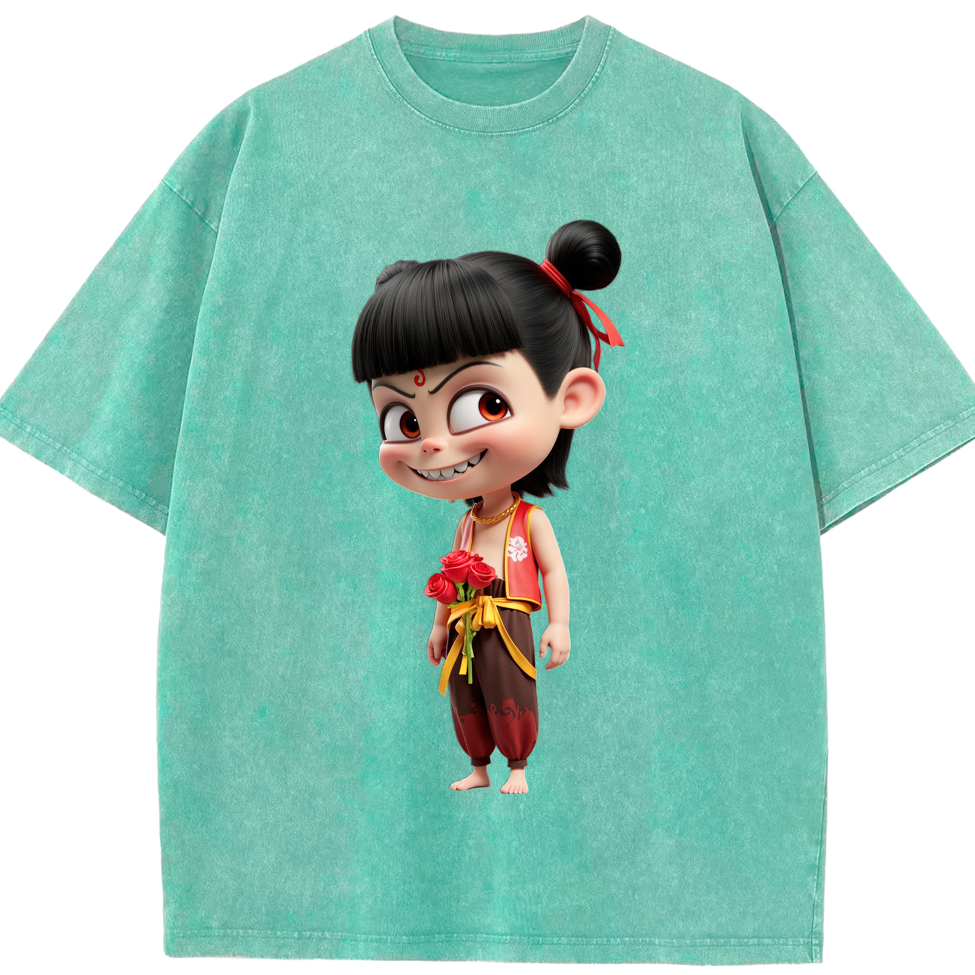 （画像用） Ne Zha 2 ナタ 魔童の大暴れ 綿100% ヴィンテージ風 半袖Tシャツ（フロントプリント）